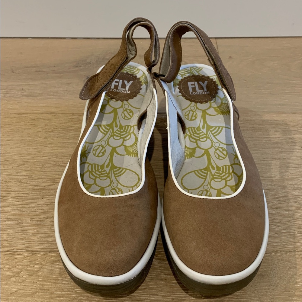 Fly London Tan Leather Slingback Wedges